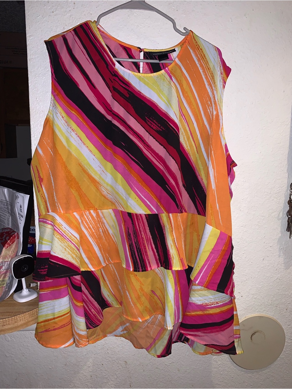 Ashley Stewart Sleeveless Striped Ruffle Top - Pink, Orange, Black, Cream